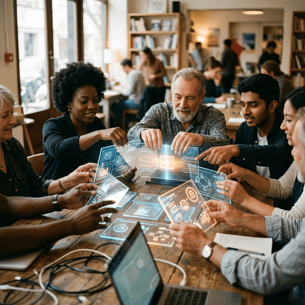 Diverse group collaborating around glowing digital interface panels at a café table